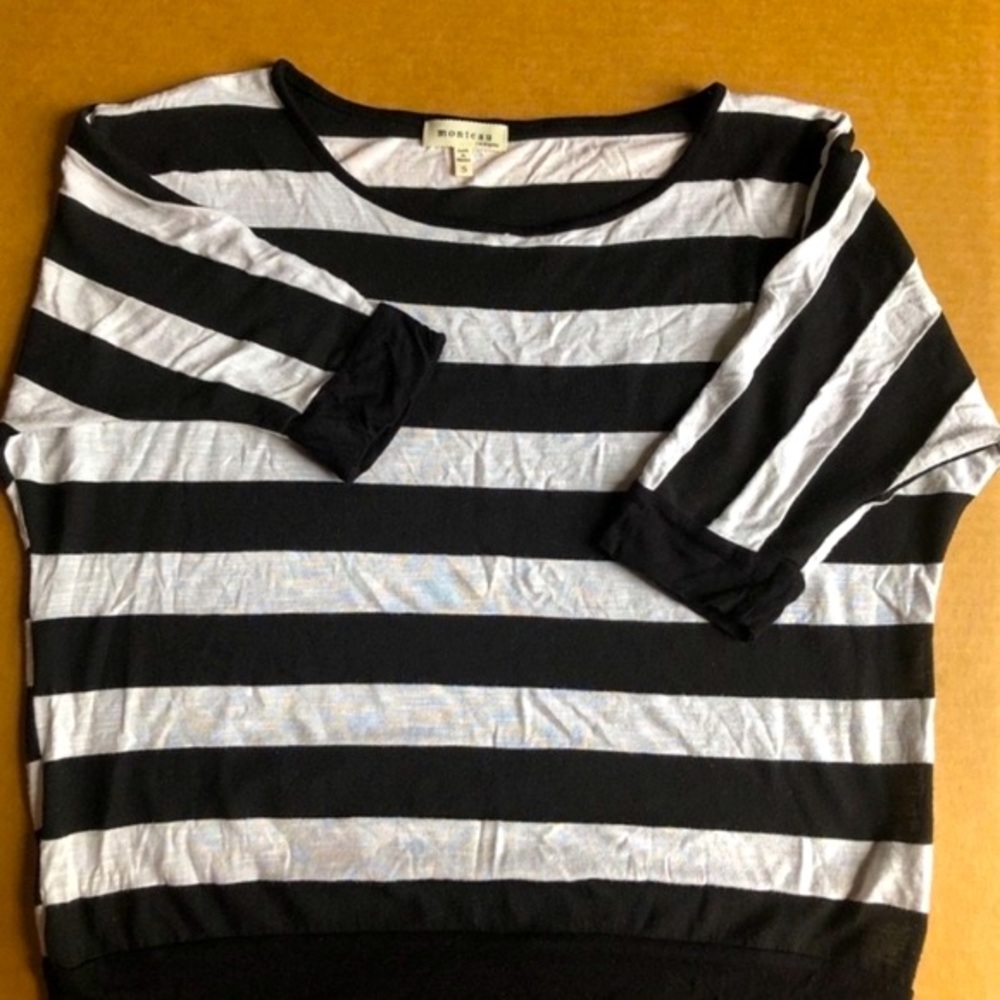 Monteau Black White Striped Soft Dolman Short Sleeve Top Tee Relaxed Y2K Small - Picture 5 of 5